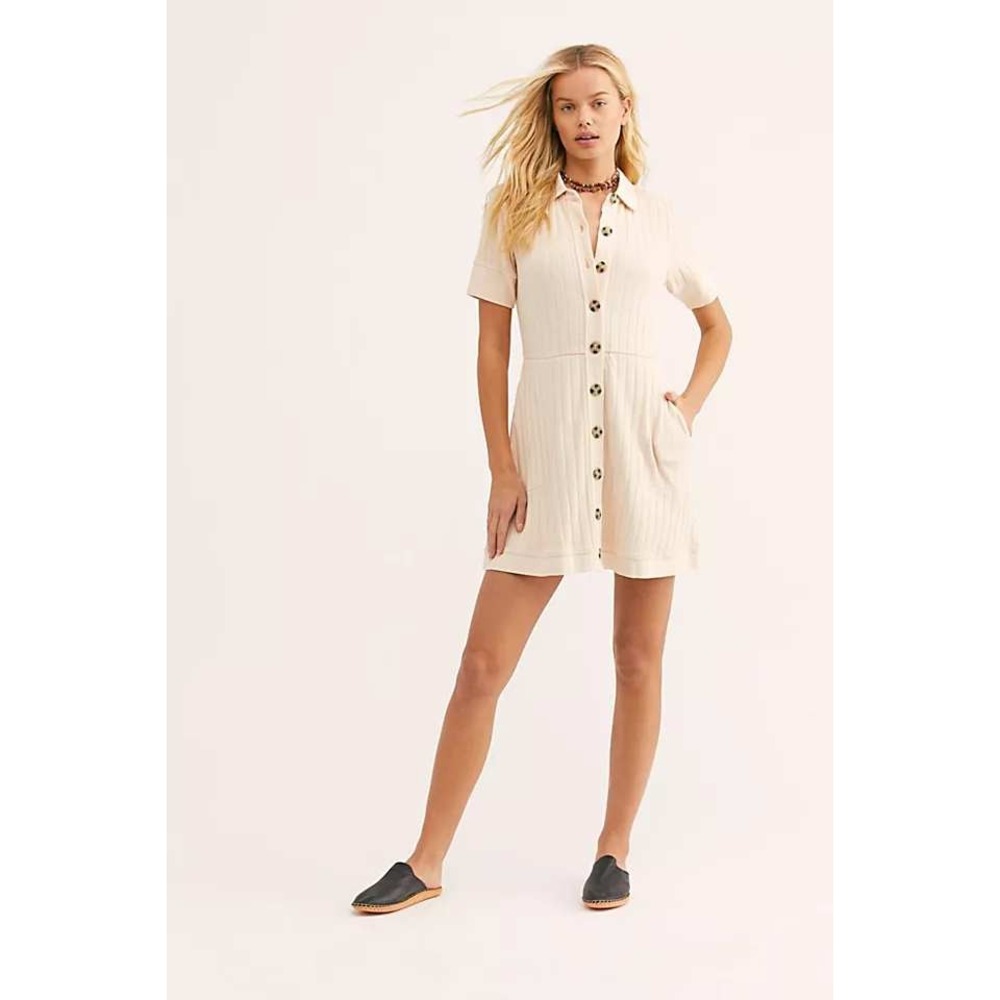 Free People Beach Ribbed Button Front Mini Dress White Short‎ Sleeve M